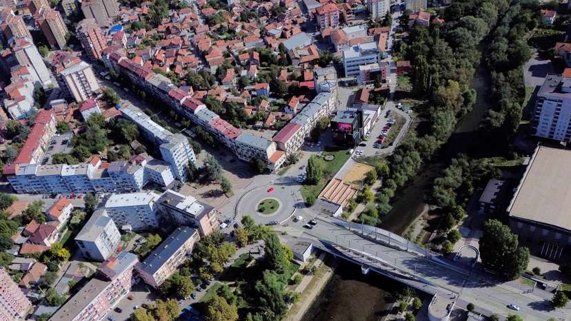 A drone view shows the main bridge of the ethnically divided town, in Mitrovica