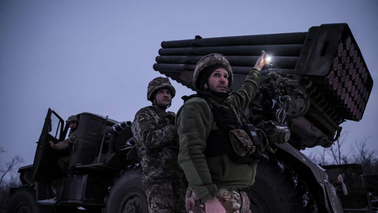 Ukrainian servicemen fire a Grad MLRS towards Russian troops near the frontline town of Chasiv Yar