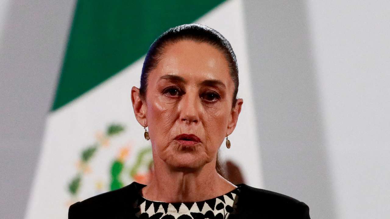 Mexico's President Claudia Sheinbaum delivers a speech at the National Palace, in Mexico City