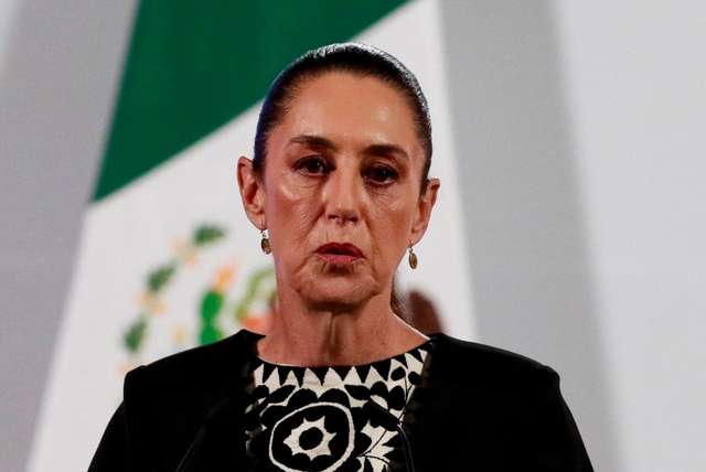 Mexico's President Claudia Sheinbaum delivers a speech at the National Palace, in Mexico City
