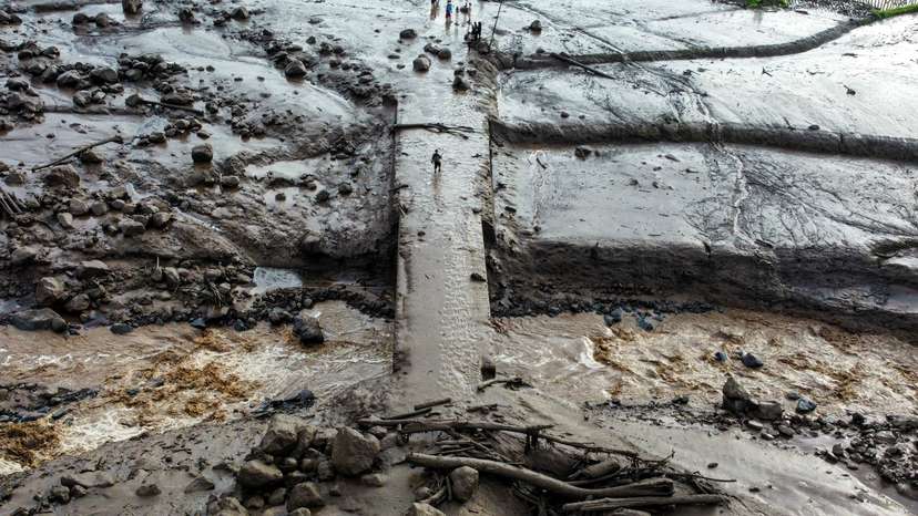 A drone view shows an area affected by heavy rain brought flash floods and landslides in Tanah Datar