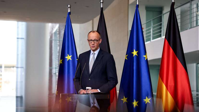 FILE PHOTO: German Chancellor Merz makes a statement on the situation in the Middle East, in Berlin