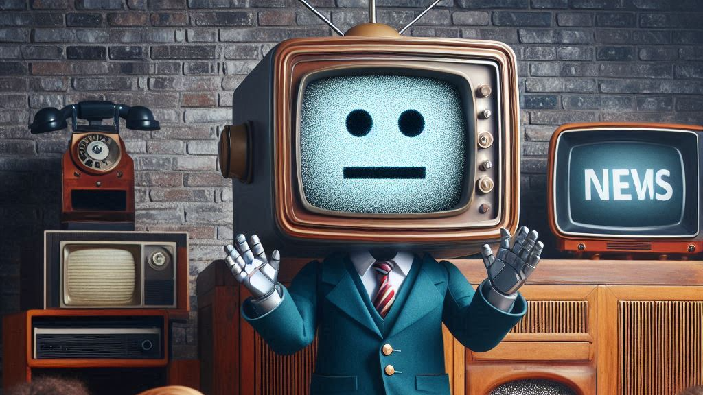 A robot presenting news on TV, with the robot inside the TV