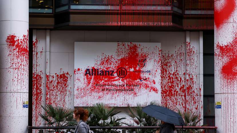 Office occupied by a unit of Allianz covered in red paint in London