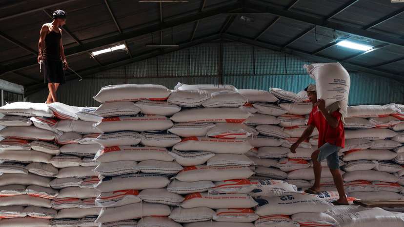 A worker stands on a pile of rice sacks as the other worker carries a sack of rice at the warehouse in Jakarta
