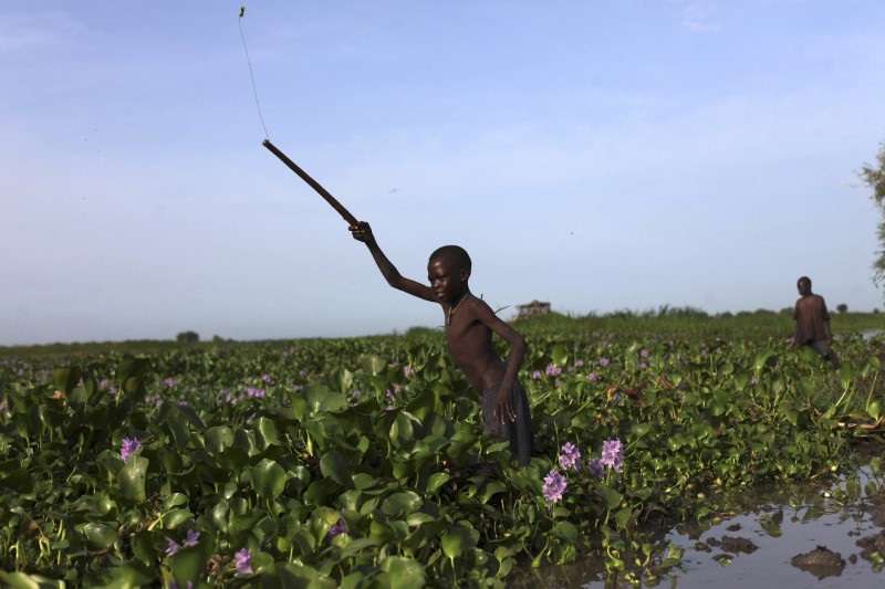 A Sudanese boy, a refugee who is displaced by the war in the Nuba Mountains in Sudan, tries to catch fish in the Nile in Golo, Fashoda county