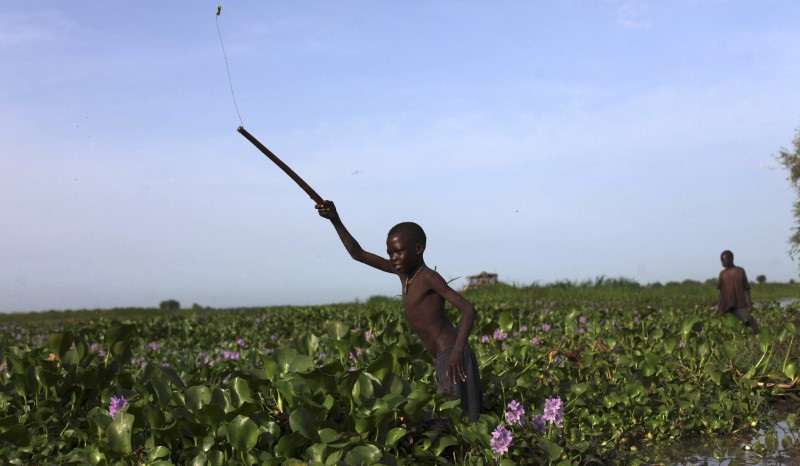 A Sudanese boy, a refugee who is displaced by the war in the Nuba Mountains in Sudan, tries to catch fish in the Nile in Golo, Fashoda county