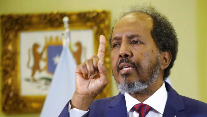 Somalia's President Hassan Sheikh Mohamud addresses the media inside his office in Mogadishu