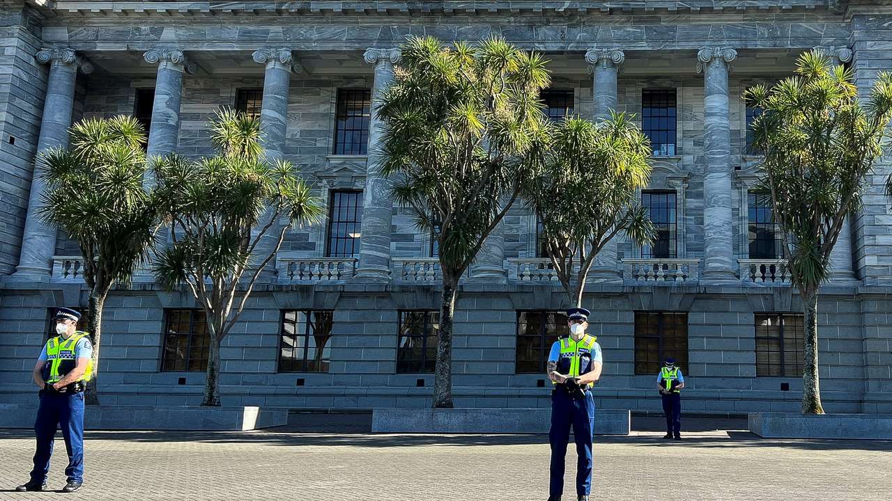 FILE PHOTO: Protesters gather on the grounds of New Zealand Parliament in Wellington