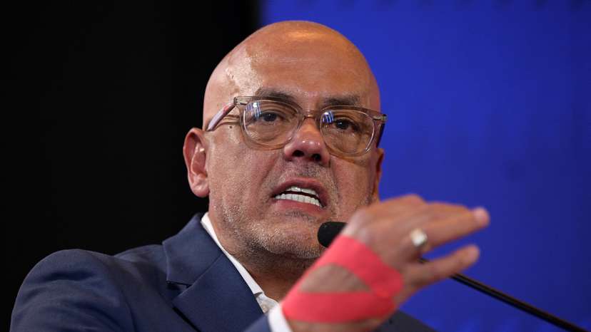 Venezuela's National Assembly President Jorge Rodriguez addresses the media in Caracas