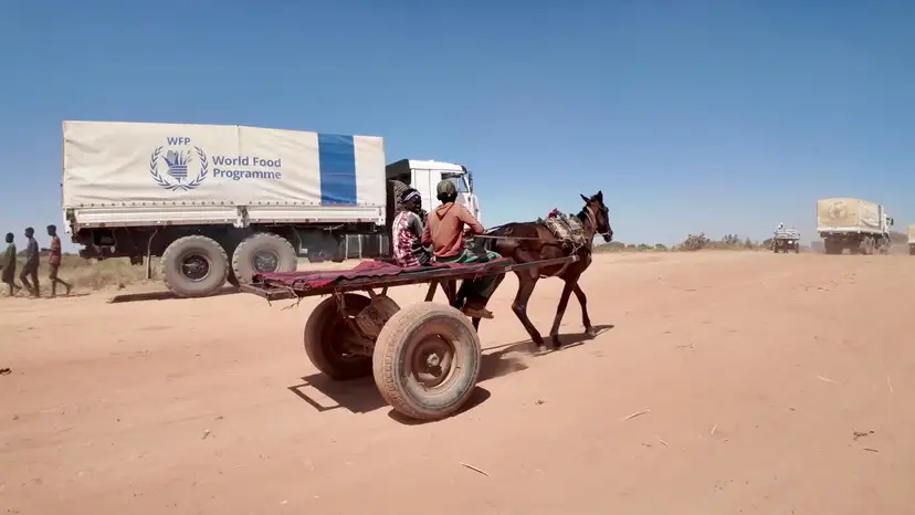 World Food Program (WFP) trucks transport food and nutrition supplies from Chad to ZamZam Camp in Darfur, Sudan, in Adre