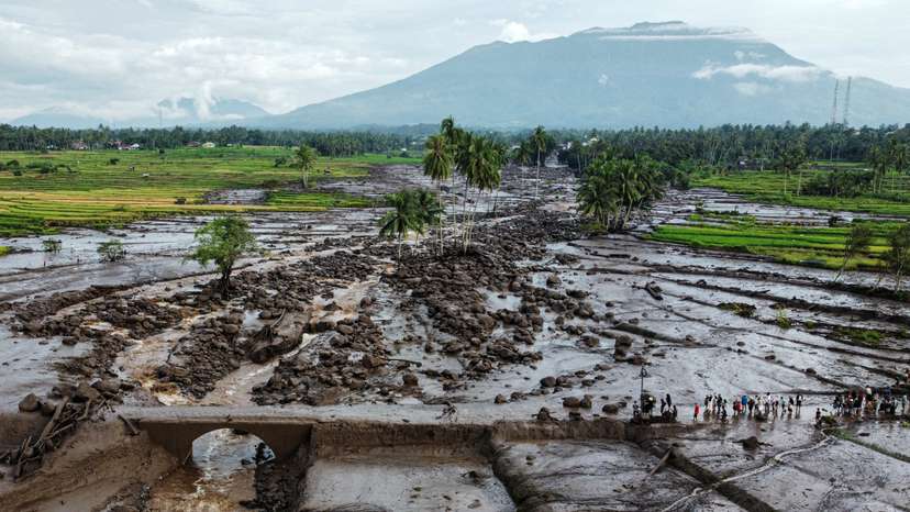 A drone view shows an area affected by heavy rain brought flash floods and landslides in Tanah Datar