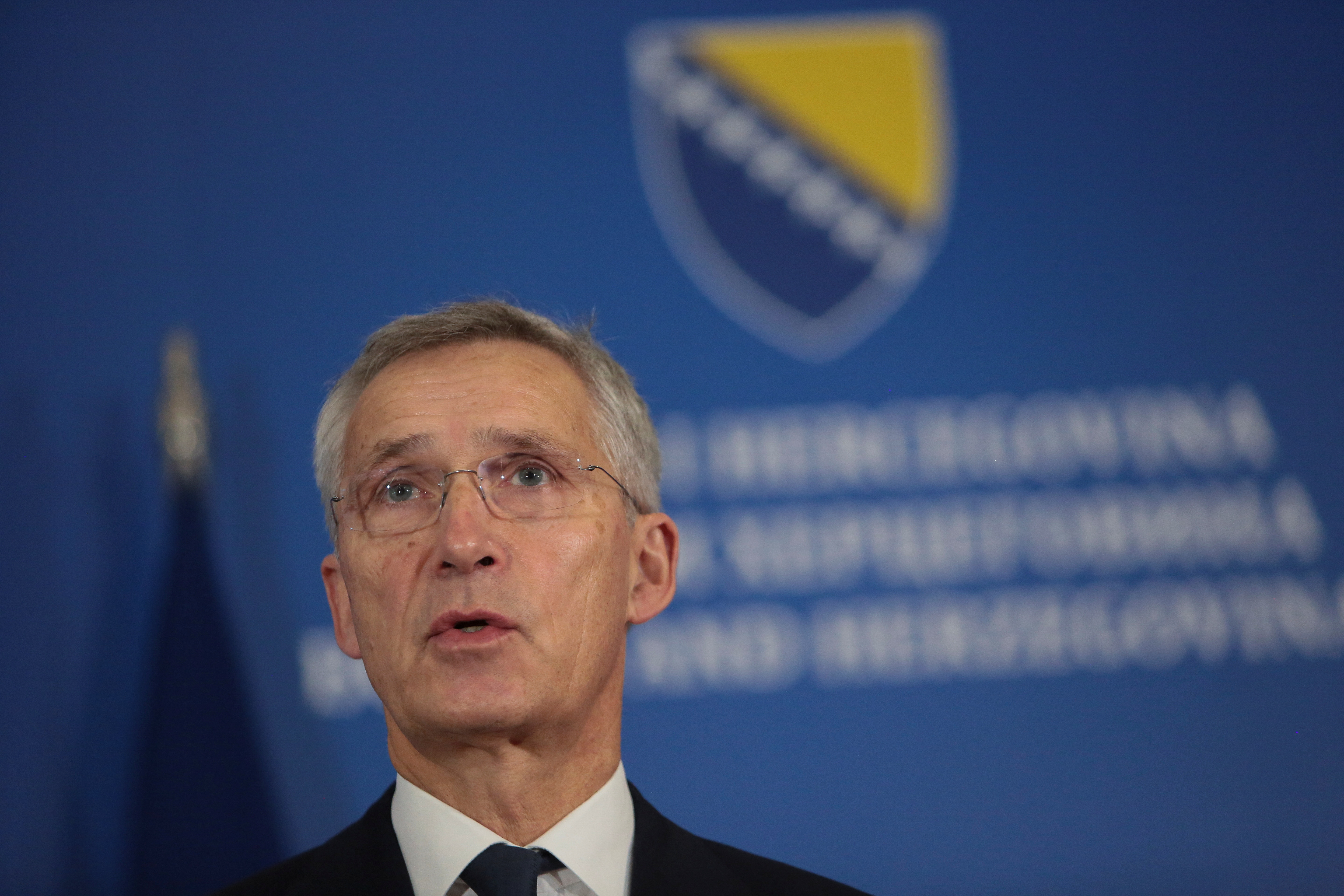 Secretary General of NATO Stoltenberg addresses media in Sarajevo