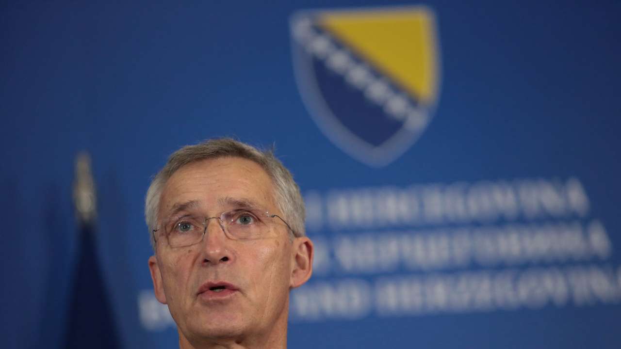 Secretary General of NATO Stoltenberg addresses media in Sarajevo