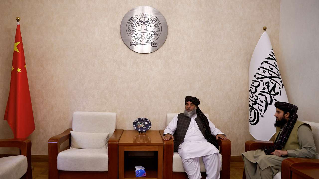 FILE PHOTO: Taliban's acting commerce minister Haji Nooruddin Azizi sits during an interview with Reuters, at the Embassy of Afghanistan in Beijing
