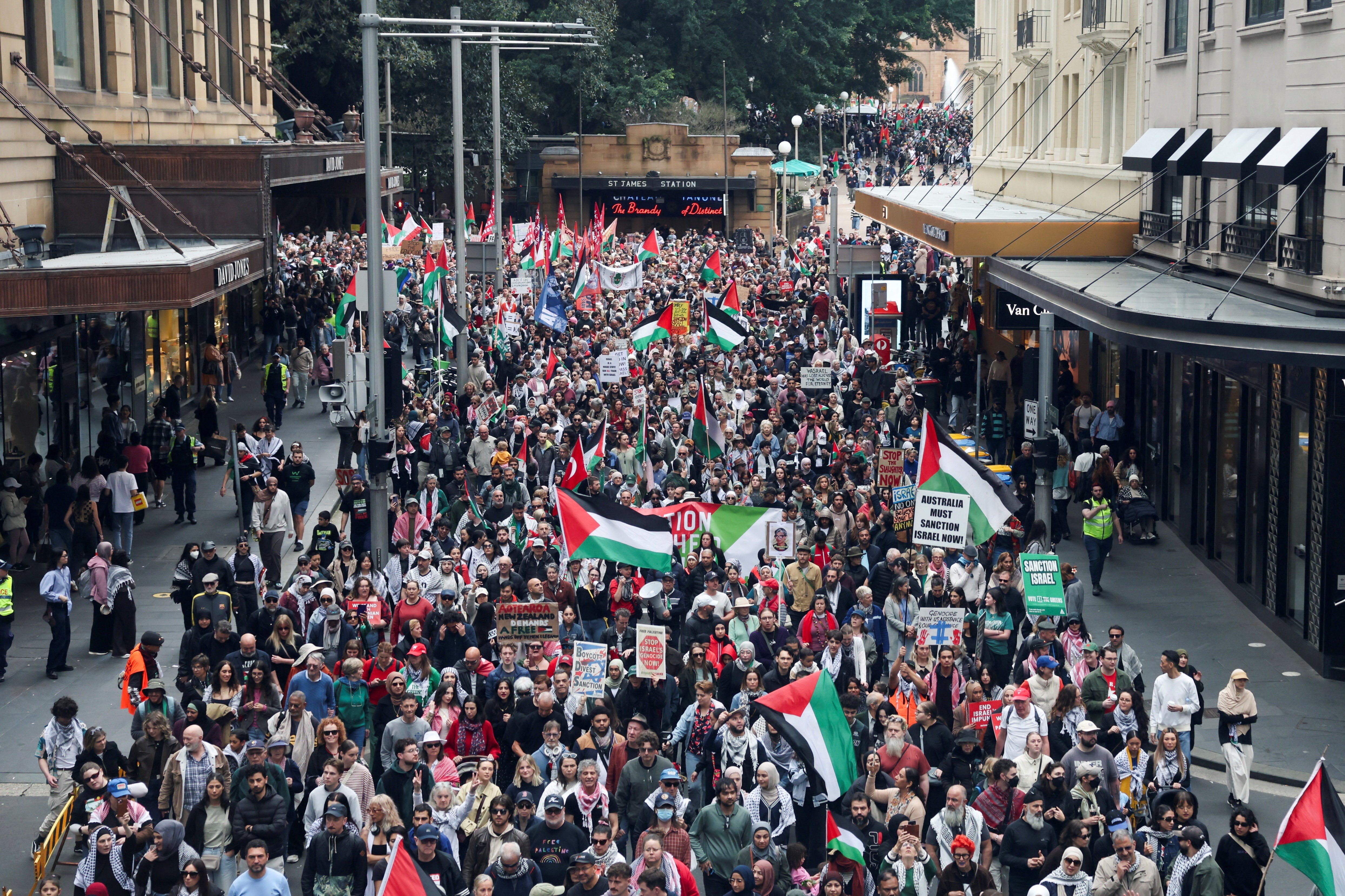 Demonstrators hold placards as they take part in the 'Nationwide March for Palestine' protest in Sydney