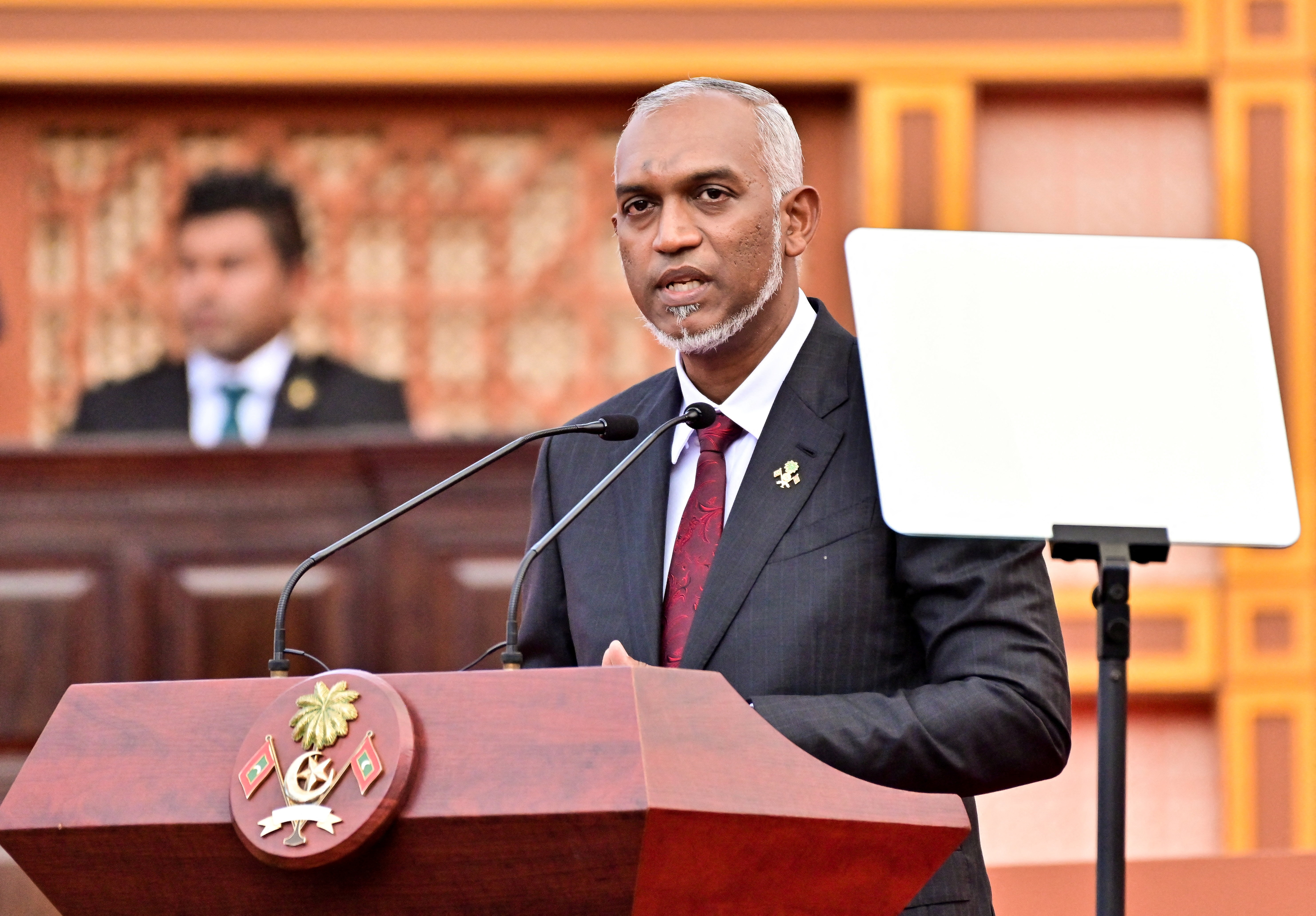 Muizzu, the newly elected president of Maldives speaks during his inauguration ceremony in Male