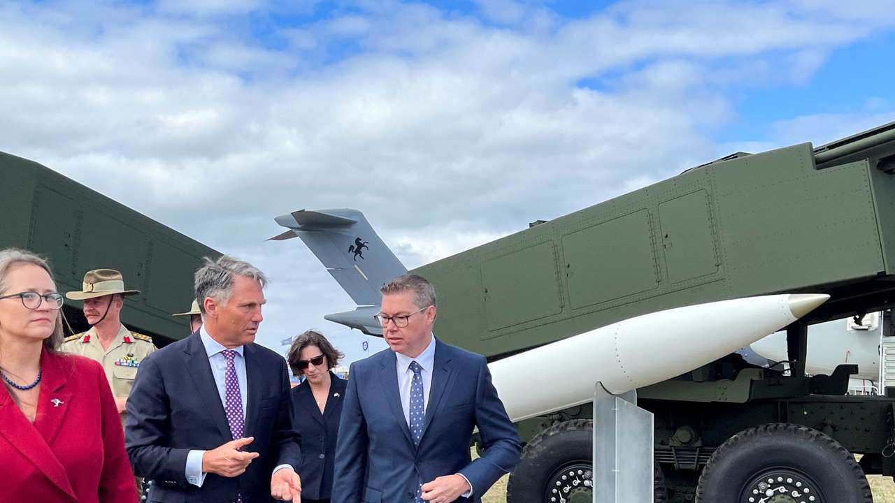 Erika Olson, Charge d’Affaires, for the United States Embassy in Australia with Australia’s Defence Minister Richard Marles, and Minister for Defence Industry Pat Conroy, at the Avalon Air Show