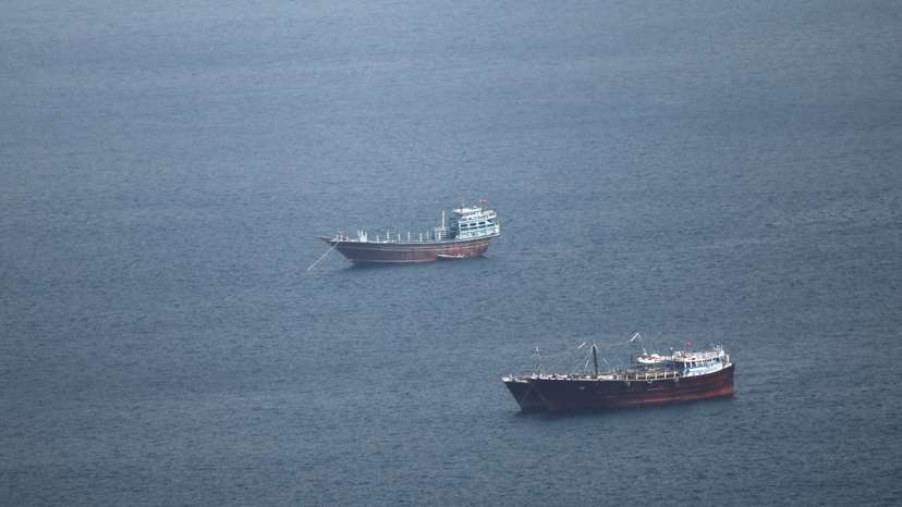 Boats in the Strait of Hormuz amid the U.S.-Israeli conflict with Iran, as seen from Musandam