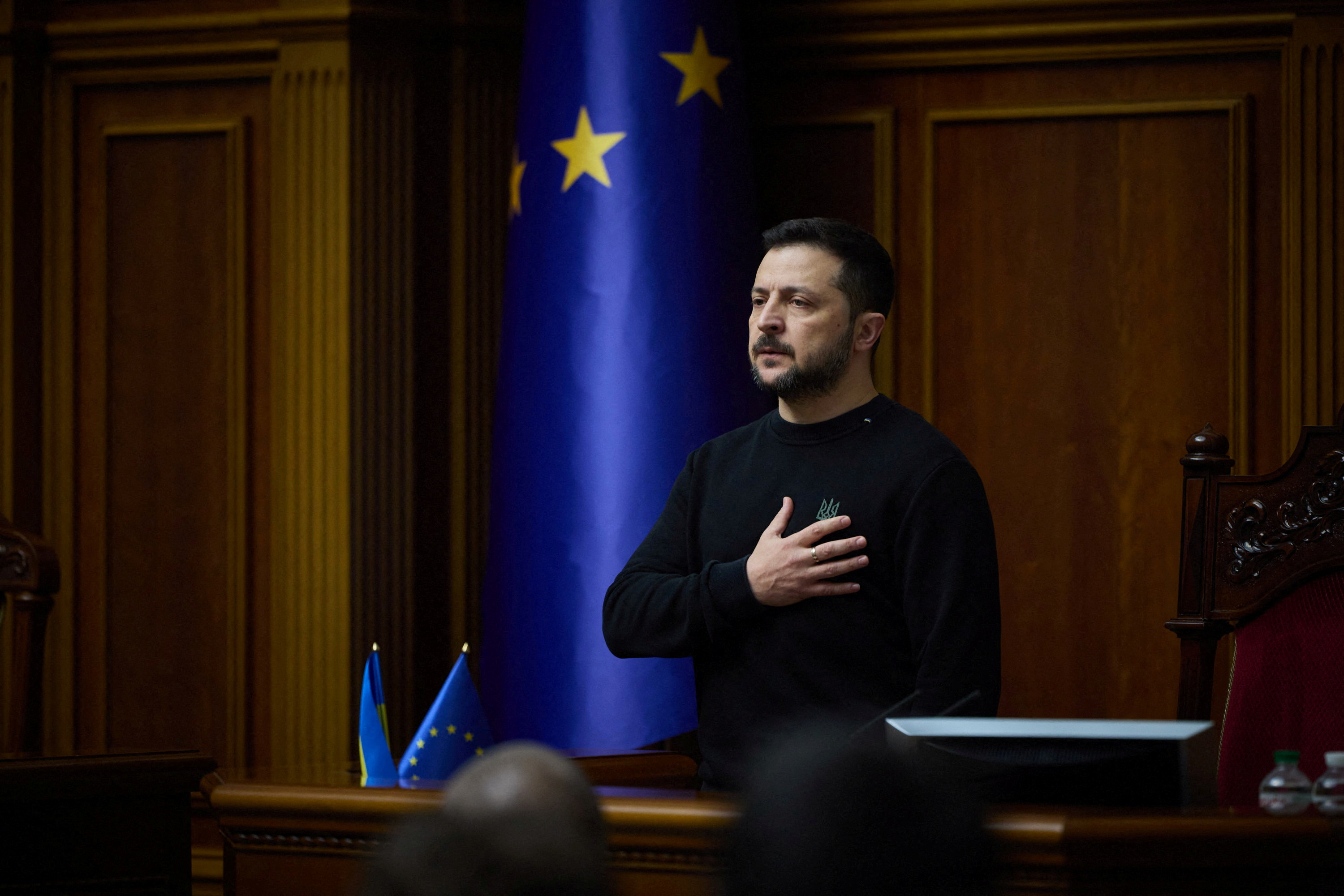 FILE PHOTO: Ukrainian President Zelenskiy and lawmakers mark 1,000 days since Russia's full-scale invasion