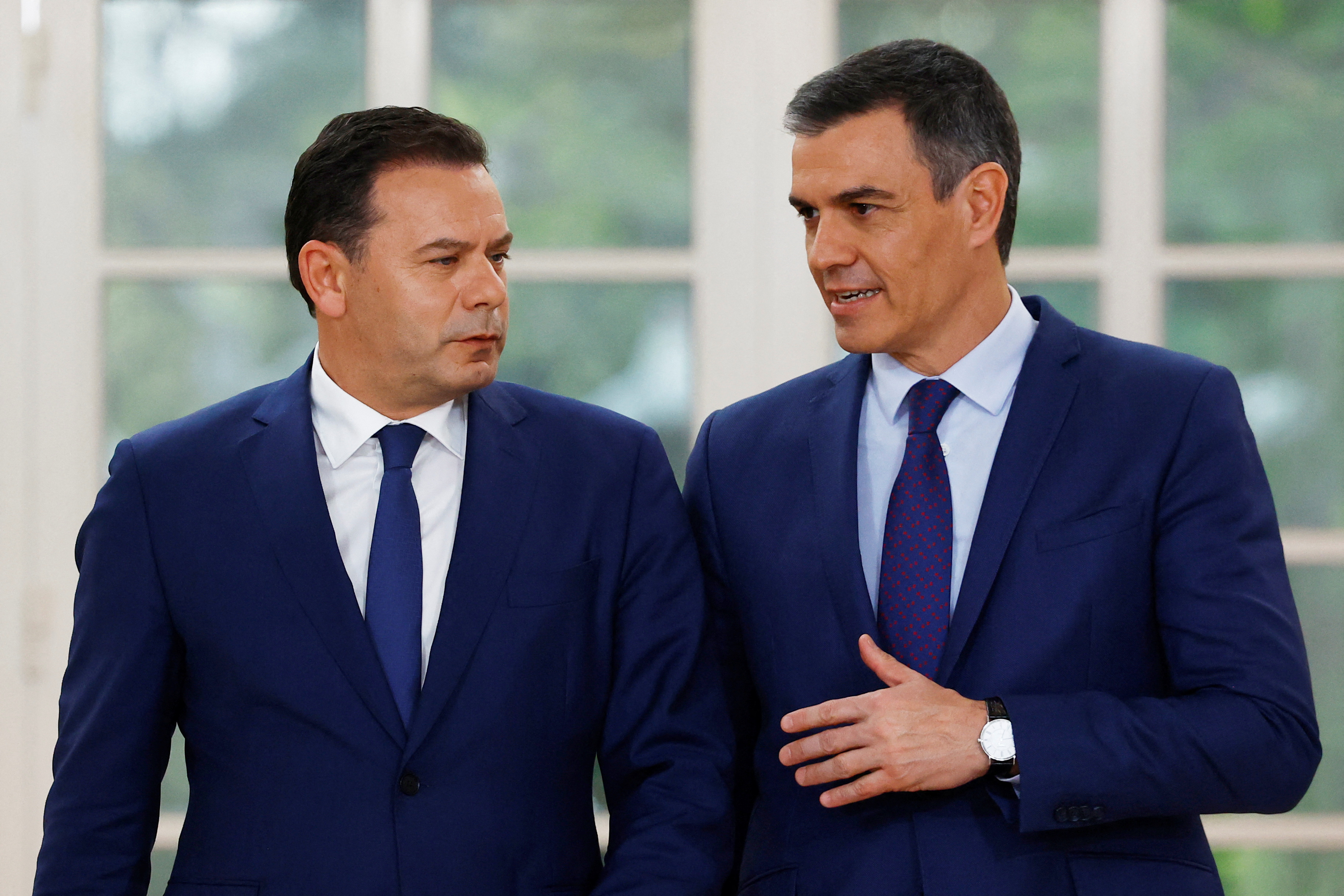 Spain's PM Sanchez and Portugal's PM Montenegro arrive for a press conference at Moncloa Palace in Madrid