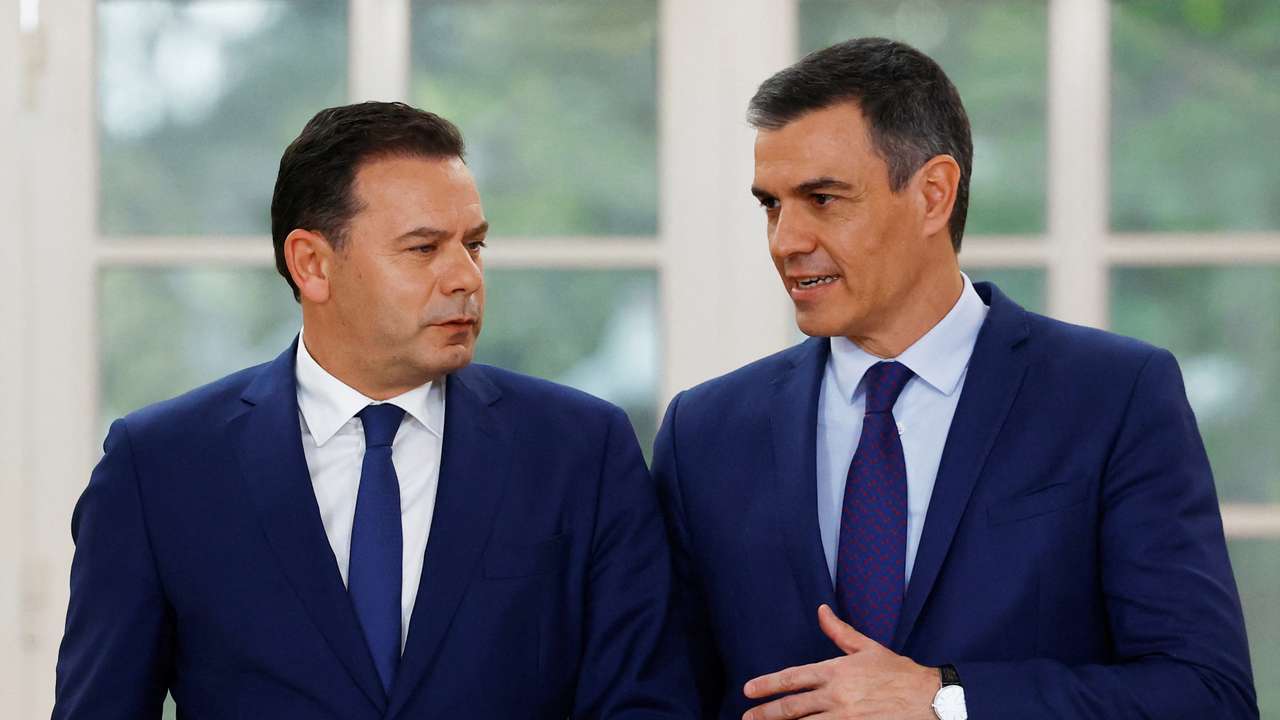 Spain's PM Sanchez and Portugal's PM Montenegro arrive for a press conference at Moncloa Palace in Madrid