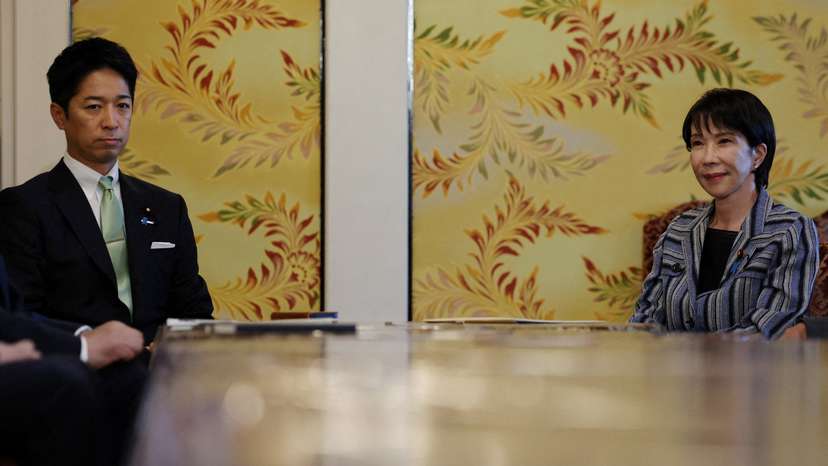 FILE PHOTO: Leader of Japan's ruling Liberal Democratic Party (LDP) Sanae Takaichi meets Japan Innovation Party's co-leader Fumitake Fujita at Japan's National Diet Building, in Tokyo