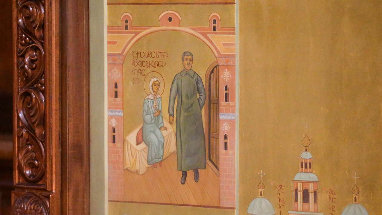 Icon depicting Joseph Stalin is displayed in Tbilisi amid controversy over its apparent honouring of Soviet leader