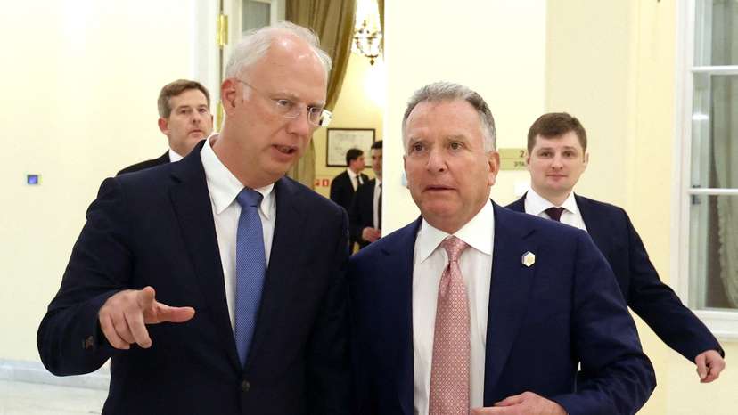 FILE PHOTO: Russian envoy Kirill Dmitriev talks to U.S. presidential envoy Steve Witkoff in in Saint Petersburg, Russia