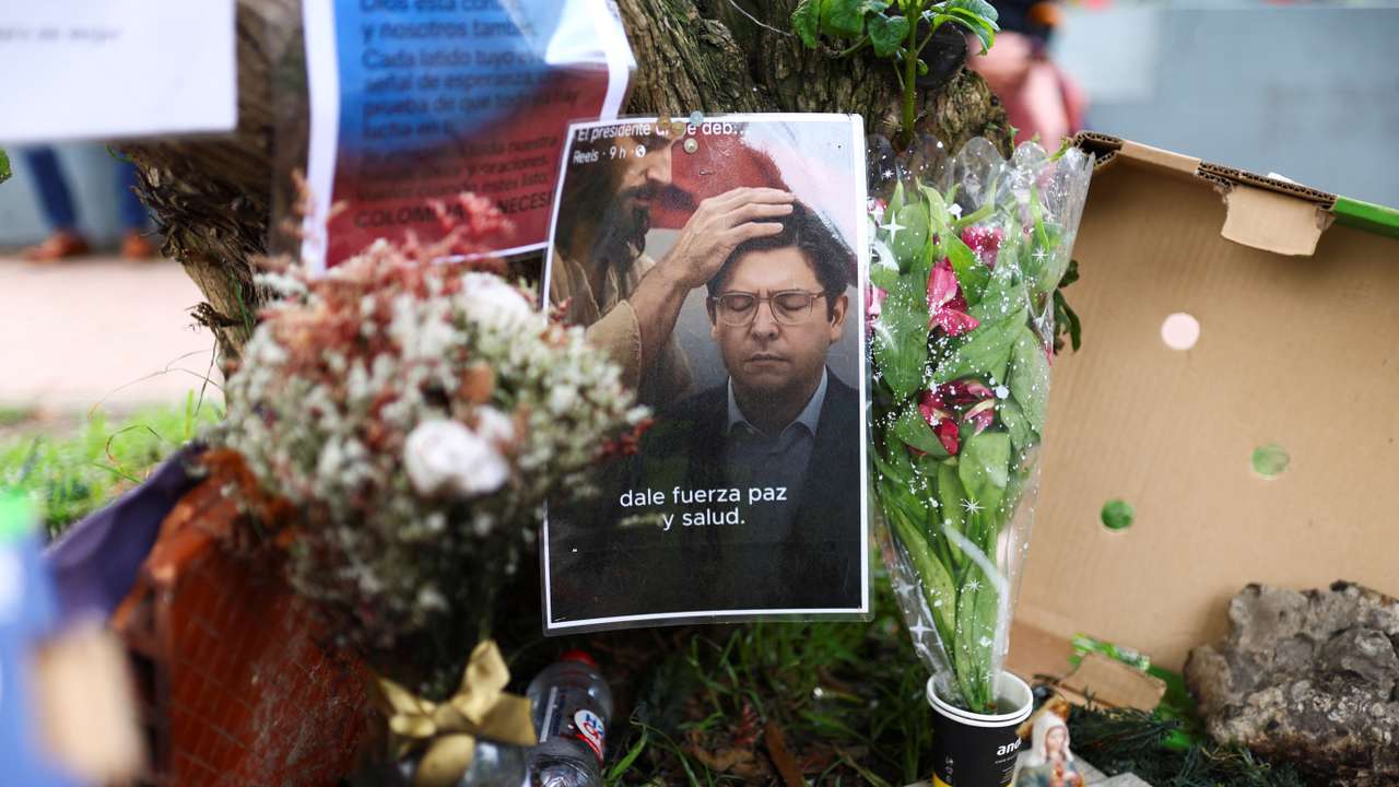 Tributes at place where Colombian Senator Uribe was shot during campaign event, in Bogota