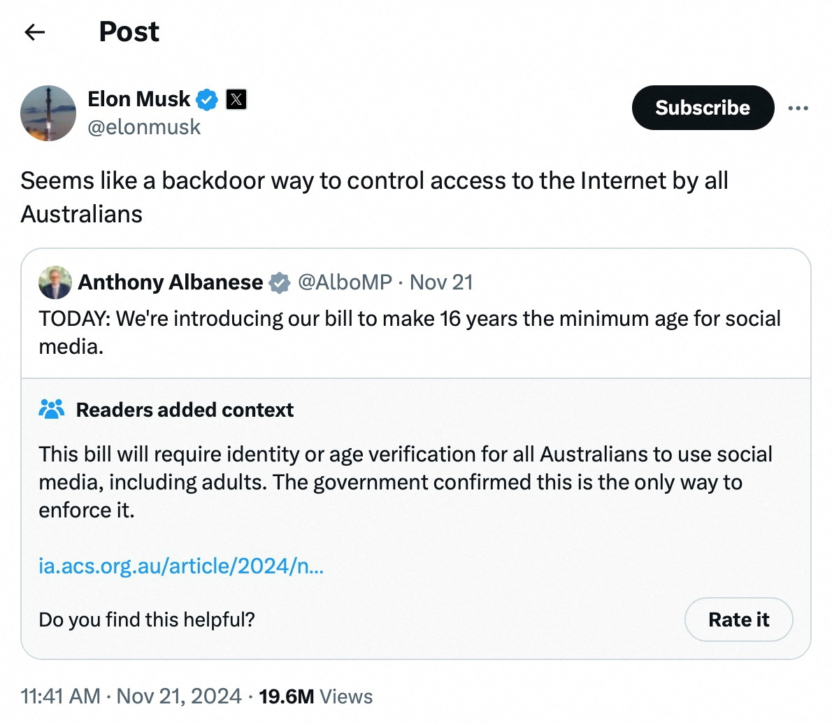 A screengrab shows a post on X from Elon Musk regarding an Australian bill to regulate social media