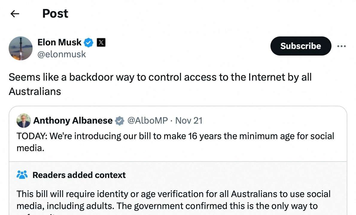 A screengrab shows a post on X from Elon Musk regarding an Australian bill to regulate social media