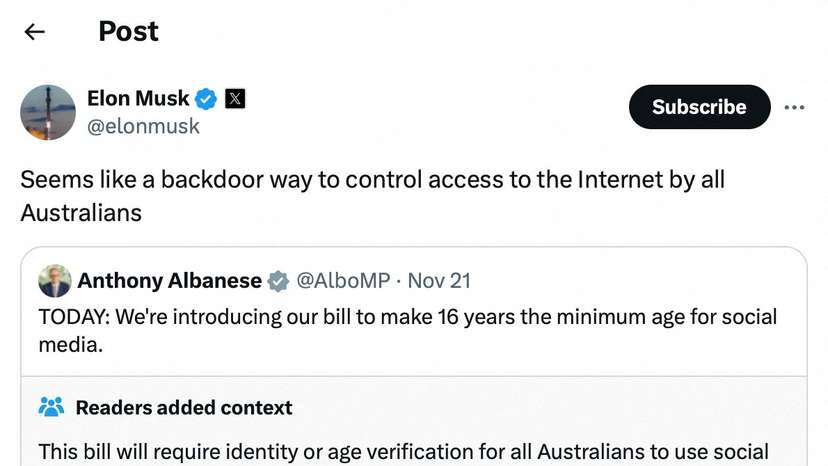 A screengrab shows a post on X from Elon Musk regarding an Australian bill to regulate social media