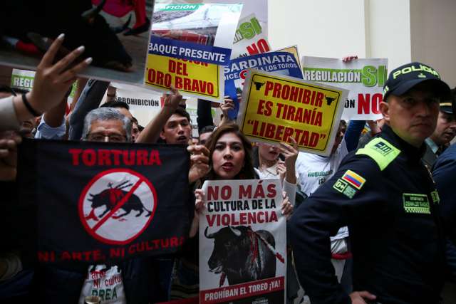 Activists protest against bullfighting during a debate at the Colombian congress in Bogota