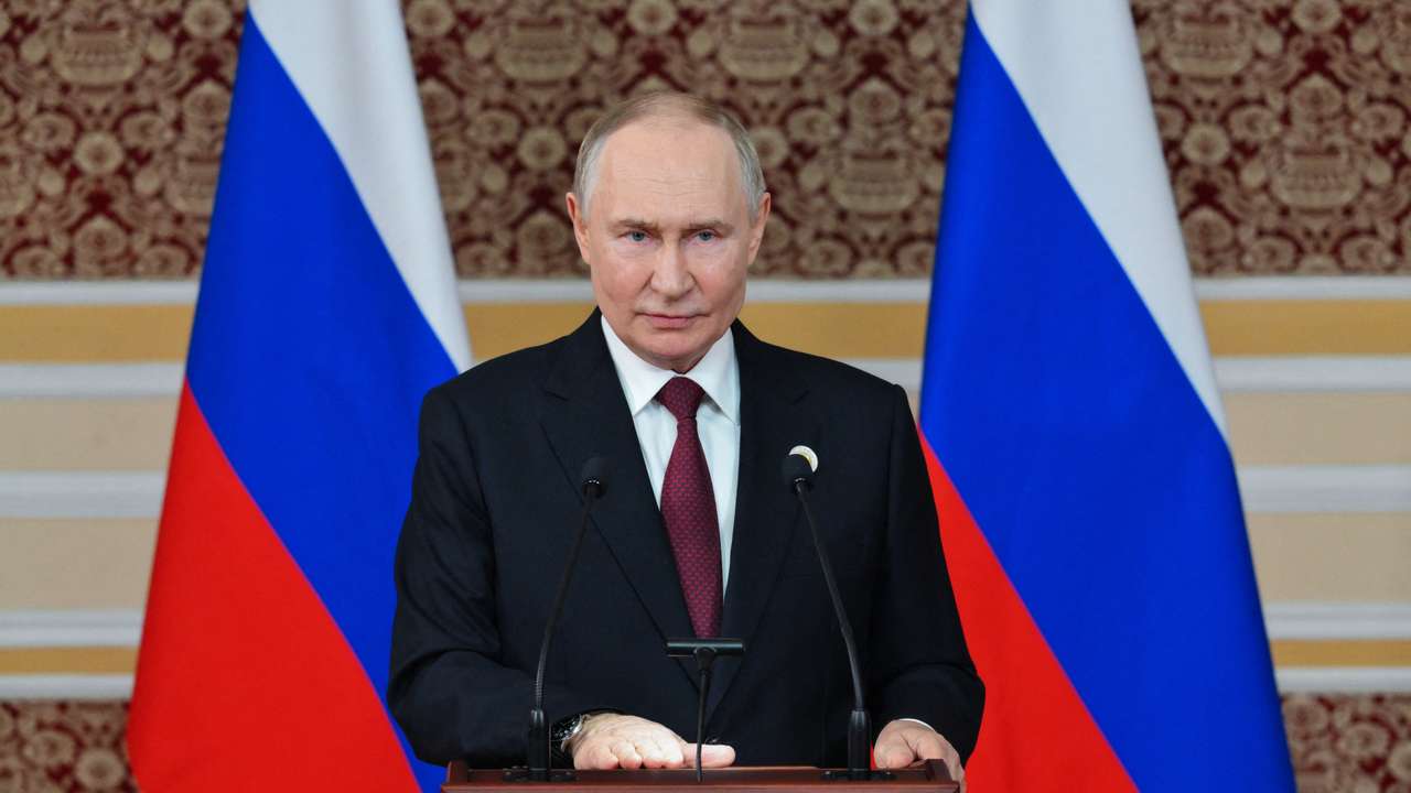 Russian President Putin attends a press conference in Dushanbe