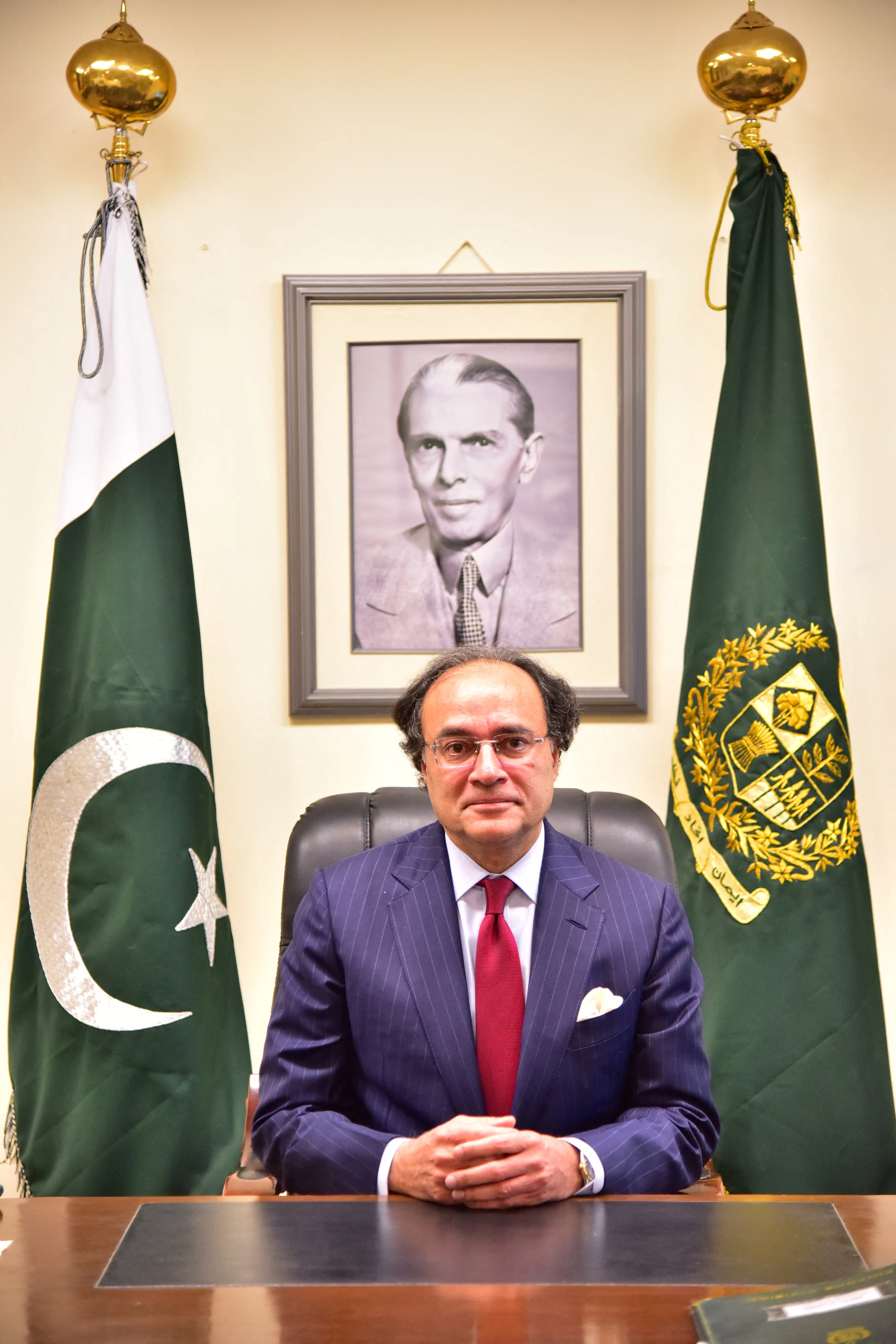 Pakistani Finance Minister Muhammad Aurangzaib, poses after taking oath in Islamabad