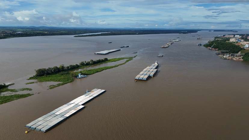 Soybean trucks back up as heavy harvest traffic slows unloading at Miritituba port, Brazil