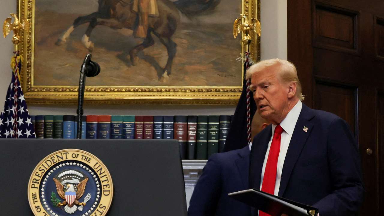 U.S. President Trump delivers remarks on Ai infrastructure at the Roosevelt room at White House in Washington