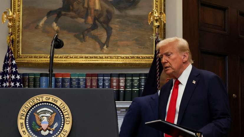U.S. President Trump delivers remarks on Ai infrastructure at the Roosevelt room at White House in Washington