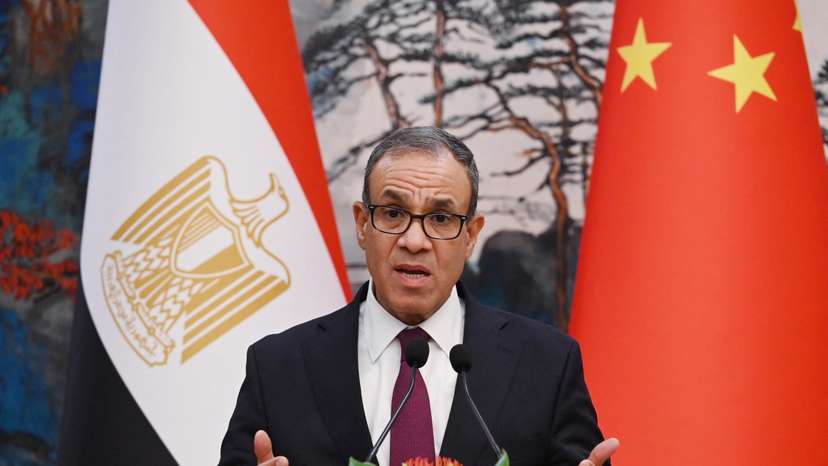 Egyptian Foreign Minister Badr Abdelatty speaks during a joint briefing with Chinese Foreign Minister Wang Yi in Beijing’s Diaoyutai State Guesthouse
