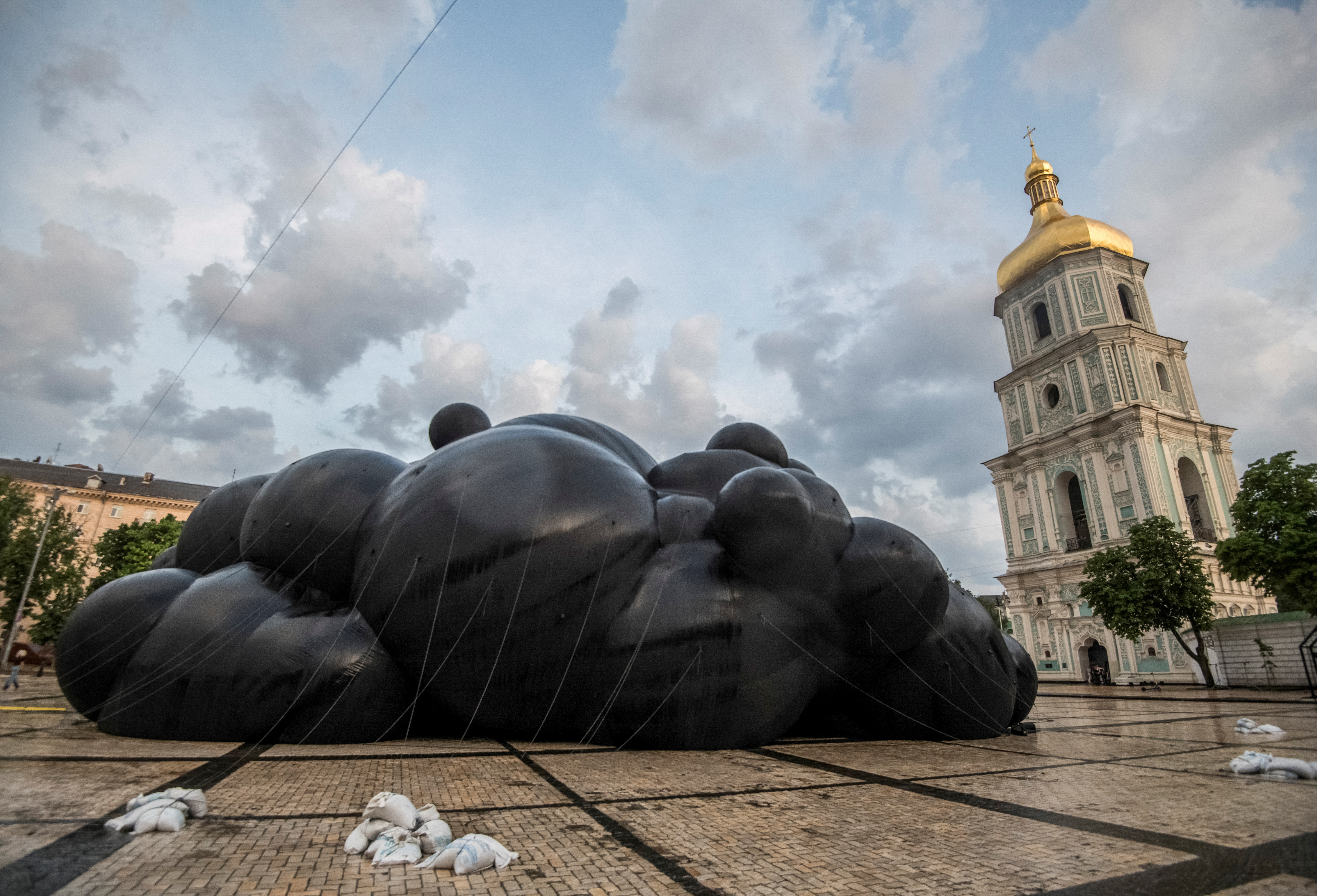 The "Black Cloud" installation, by Ukrainian artist Oleksiy Sai is seen in central Kyiv