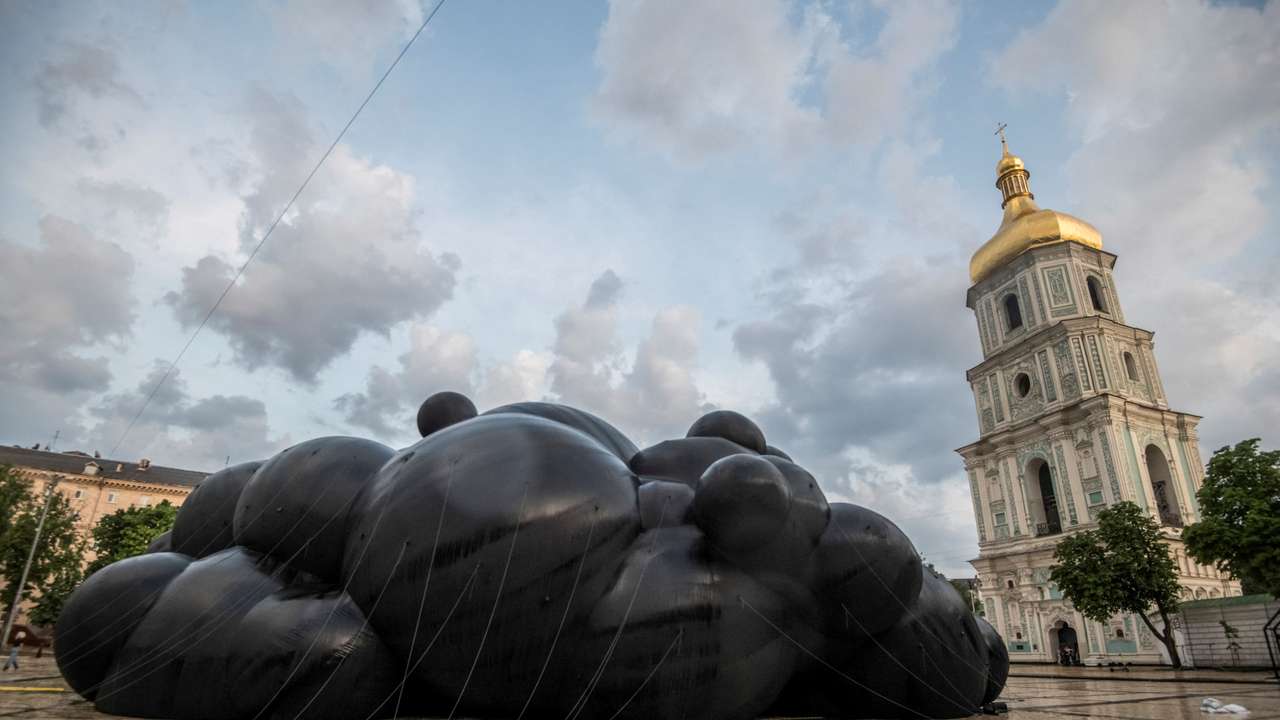 The "Black Cloud" installation, by Ukrainian artist Oleksiy Sai is seen in central Kyiv