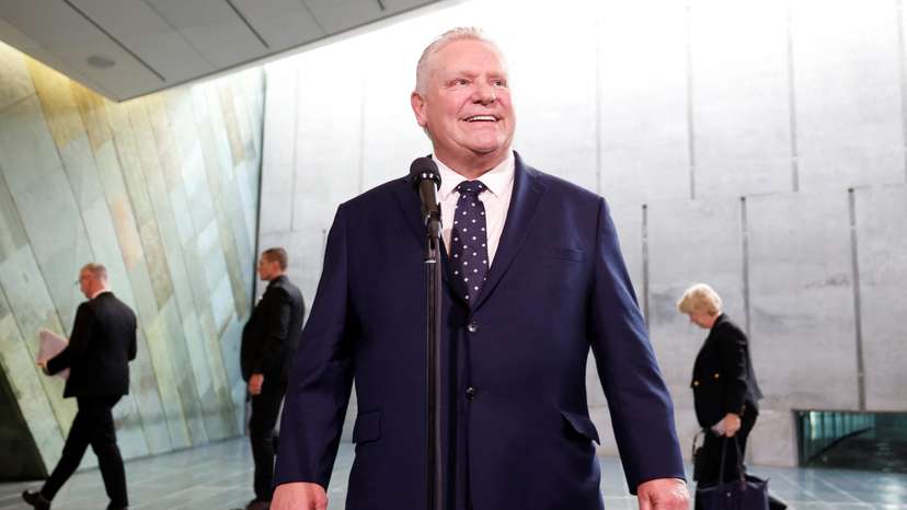 Ontario Premier Doug Ford speaks to journalists before a meeting with federal, provincial and territorial leaders at the Canadian War Museum in Ottawa