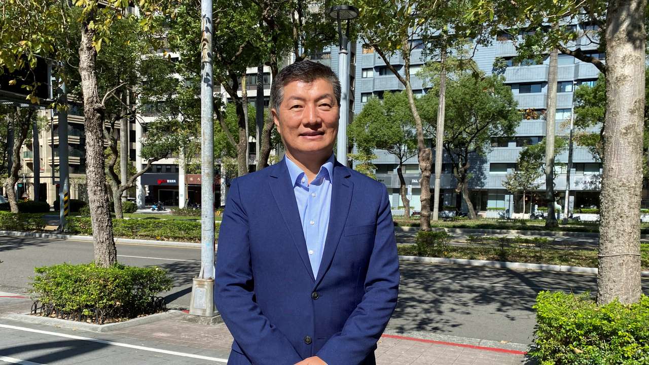 Lobsang Sangay poses for a picture in Taipei