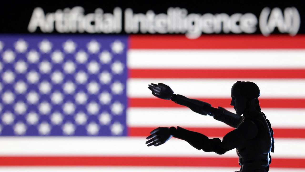 Illustration shows AI Artificial intelligence words, miniature of robot and U.S. flag