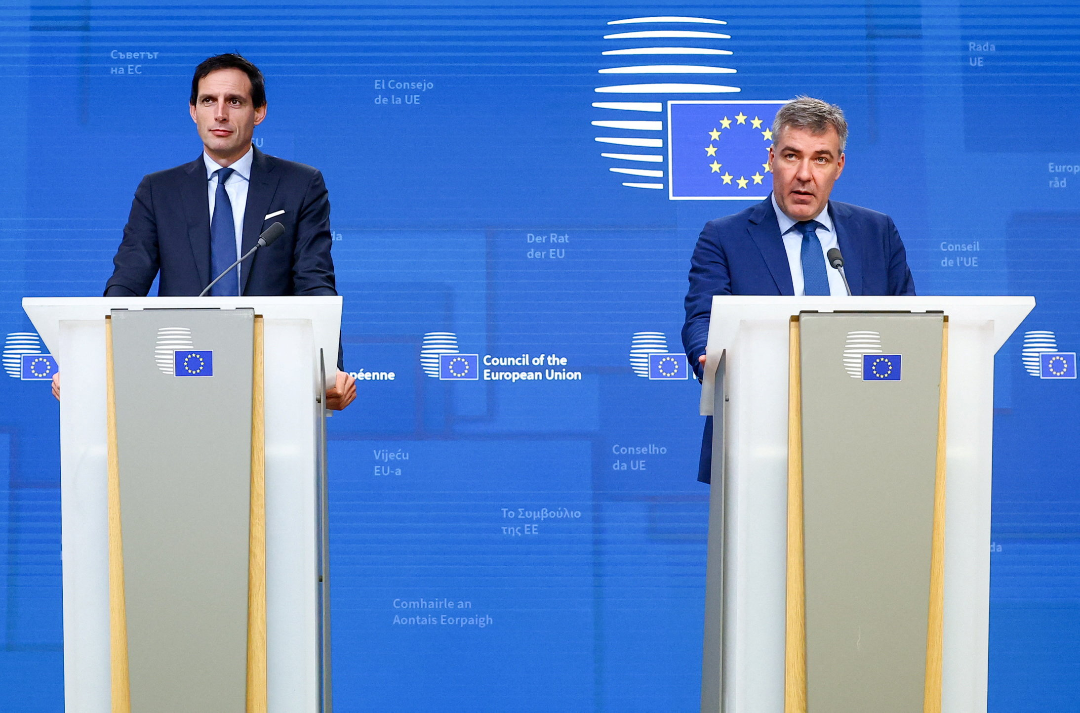 Lars Aagaard, Danish Minister for Climate, Energy and Utilities and European Climate Commissioner Wopke Hoekstra hold a press conference at the end of a EU climate ministers meeting in Brussels