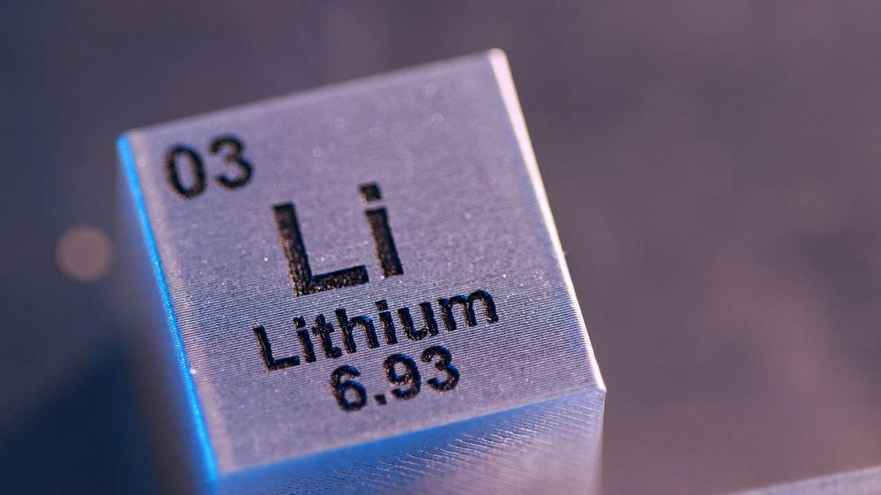 Illustration shows block with the symbol, atomic number and mass number of Lithium (Li) element