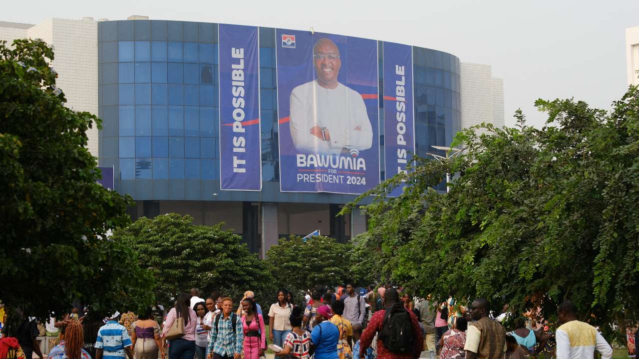 Presidential candidate of Ghana's ruling party gives speech on main policies, in Accra