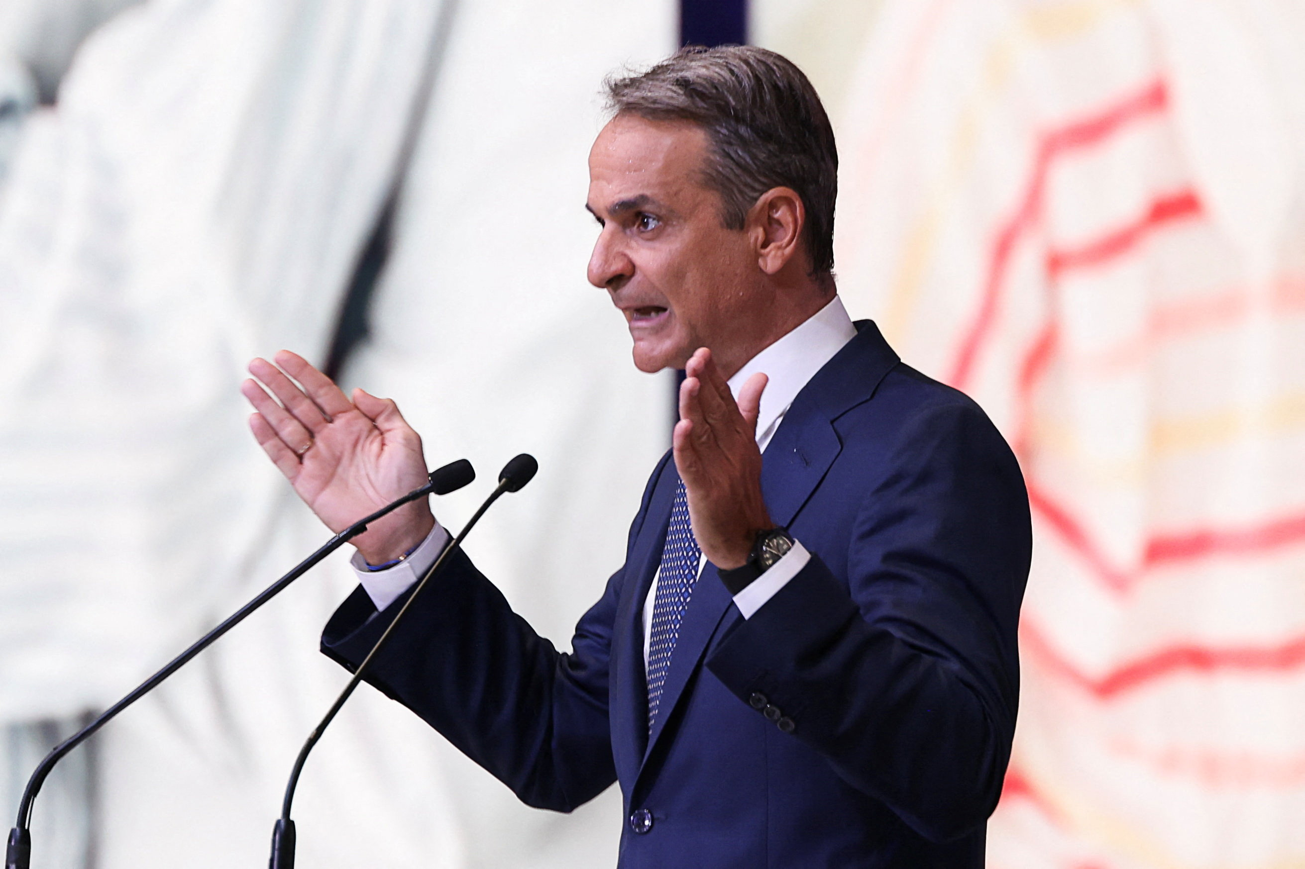 Greek Prime Minister Kyriakos Mitsotakis delivers an annual economic policy speech, in Thessaloniki
