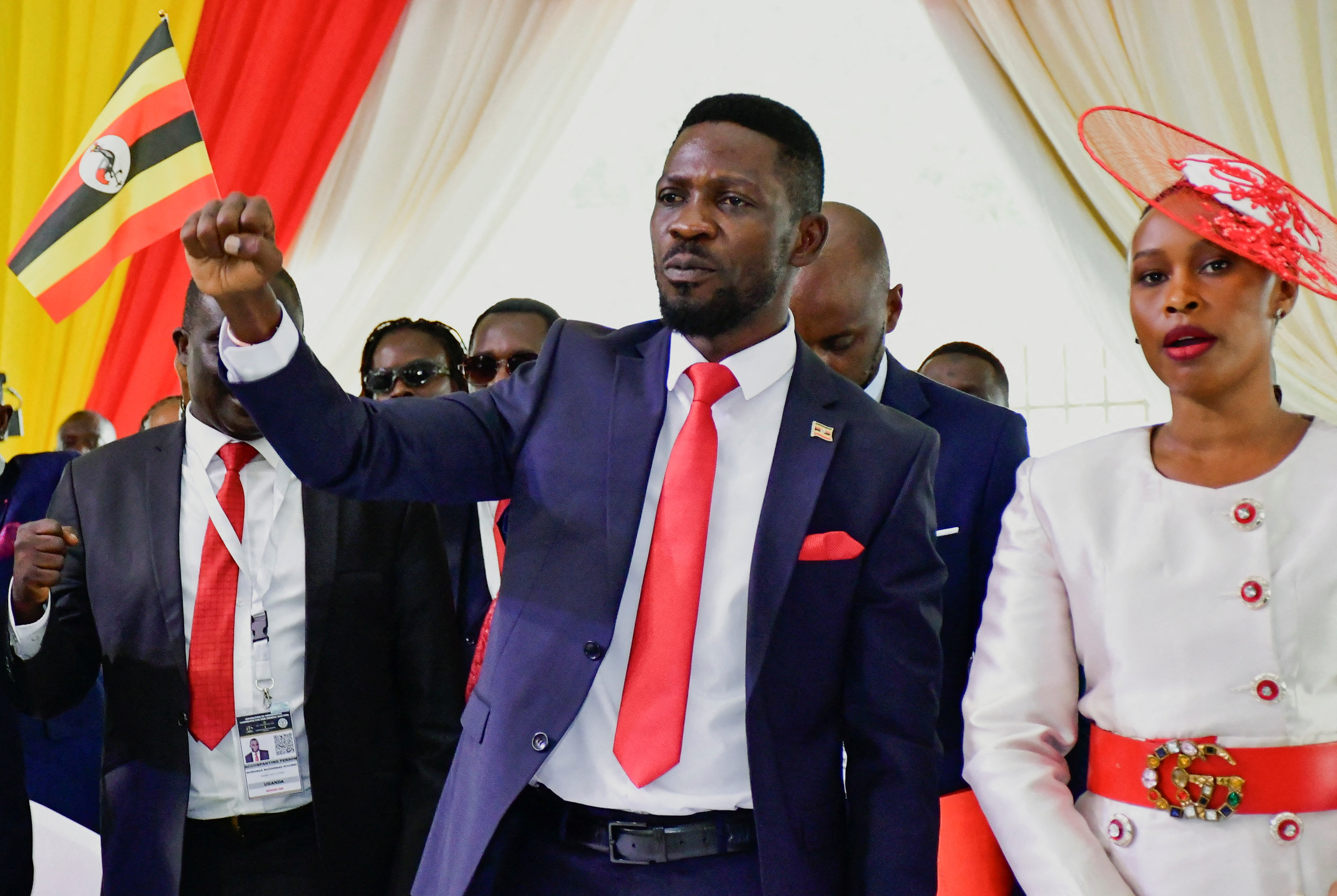 Robert Kyagulanyi of the National Unity Platform (NUP) party attends a ceremony for his nomination as a presidential candidate at the Electoral Commission offices in Kampala